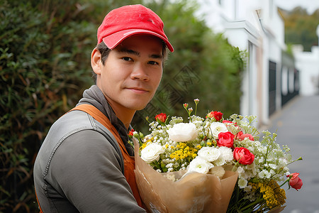 鲜花配送快递员手中的花束背景
