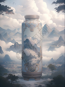 云雾缭绕的山间风水花瓶图案背景图片