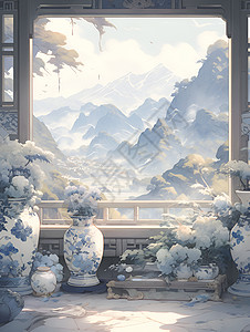 中国式的莫兰迪色调山水画高清图片