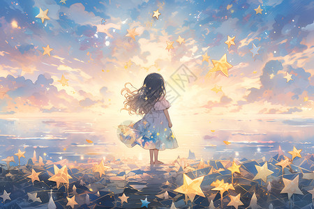 绚烂明亮星空下的童话少女背景图片
