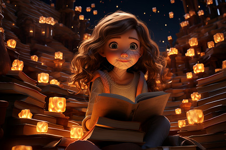 沉浸书海世界的小女孩背景图片