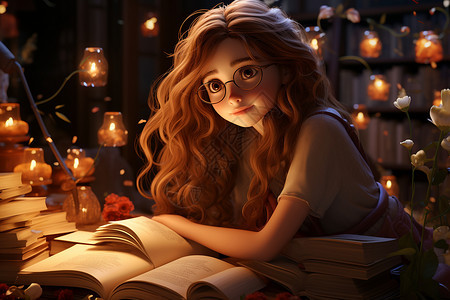 夜晚阅读书籍的小女孩背景图片