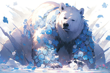 冰熊与花环毛茸茸冰熊高清图片