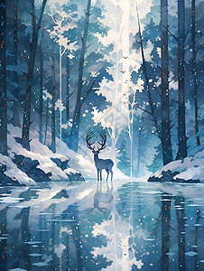 仙境湖湖面上的麋鹿插画