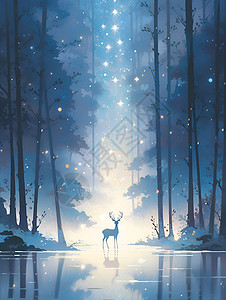 雪地仙境湖畔的一只鹿插画