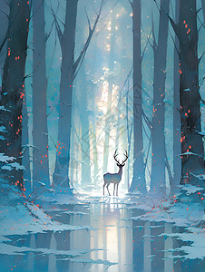 仙境之旅雪中林间的鹿背景图片