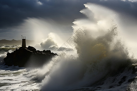 潮汐膨胀巨浪拍打海岸背景