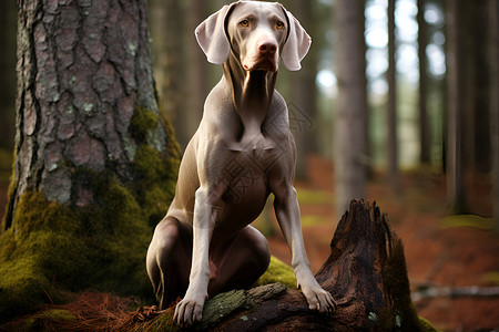 坐在树干上的狗背景图片