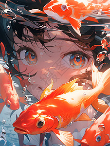 梦幻仙境鱼儿和少年背景图片