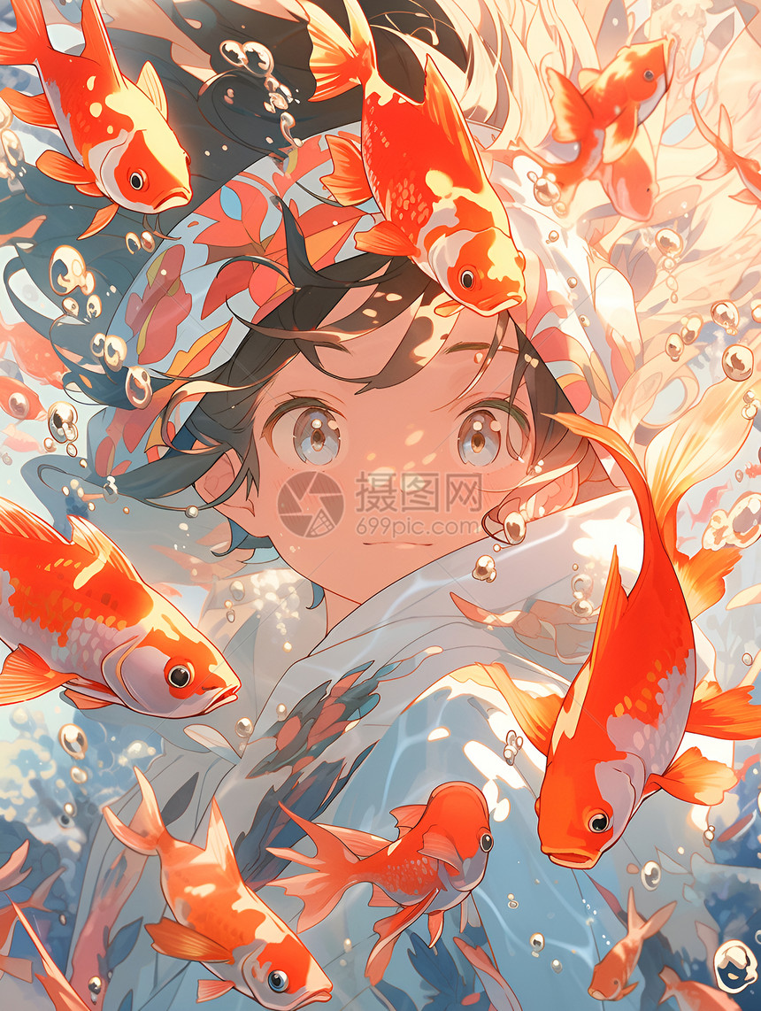 梦幻绘画中的少女与红鱼图片