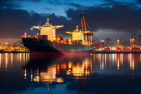 夜晚港口的货船背景图片