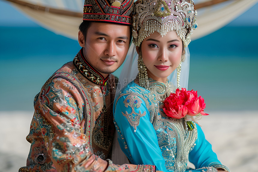 新郎新娘穿着传统中式服装图片