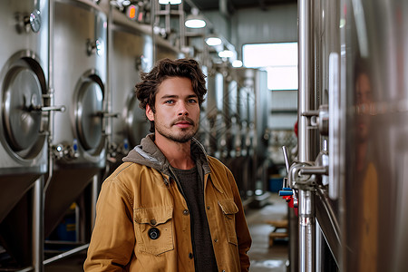 啤酒工厂中的一名穿着棕色衬衫的男子背景图片