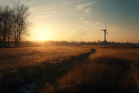 风力涡轮机在日落下背景图片