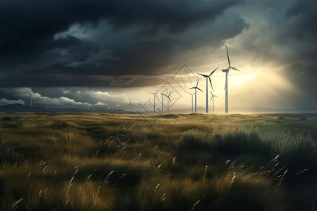 暴风雨之前暴风雨下的风力涡轮机插画
