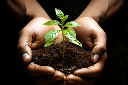 手掌中的土壤和幼苗背景图片