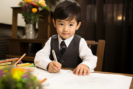 正在写字的小男孩背景图片