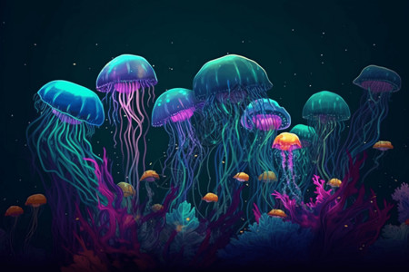 彩色水母水母花园插画