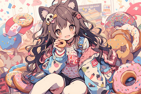 可爱的猫耳女孩坐在甜甜圈上背景图片