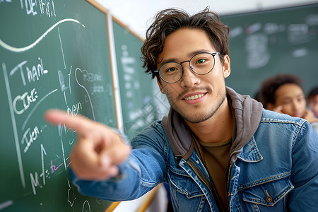 戴眼镜的男人用手指着黑板背景图片