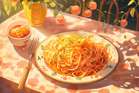 意大利美食餐桌上的意大利肉酱面插画