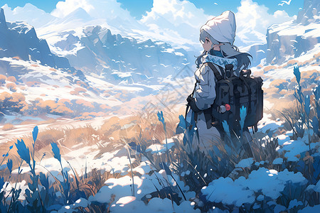 赛里木雪山积雪草原里行走的女孩插画