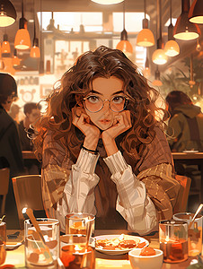 咖啡厅眼镜女孩在咖啡馆插画