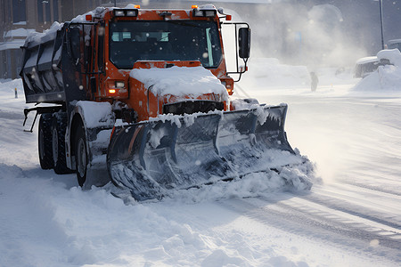 冬天的雪中一辆扫雪车高清图片