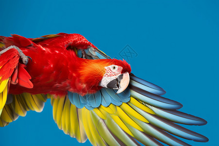 红黄鹦鹉在空中展翅飞翔背景图片