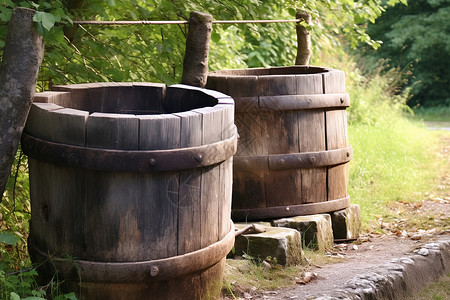 桶装水水桶林中木桶背景