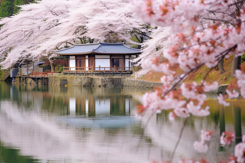 樱花湖畔的小屋图片