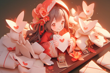 心形盒子少女拿着心形红包插画