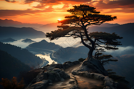 山顶的松树黄山日落高清图片