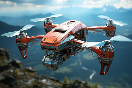 山脉中飞行的机器无人机背景图片