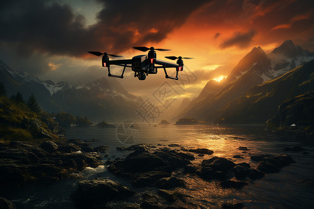 山脉中飞行的无人机高清图片
