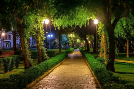 公园中的路灯和树木背景图片
