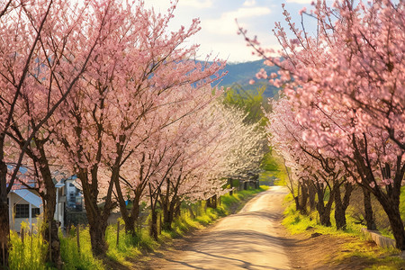 乡村道路两旁的花树背景图片