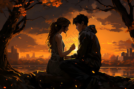 城市日落夕阳坐在岩石上的情侣插画