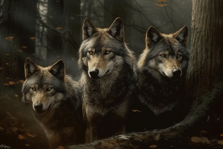 森林中的狼群插画