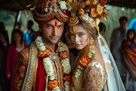 传统民族服饰的年轻夫妻背景图片