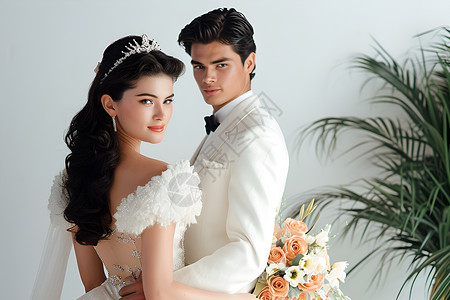 婚纱照中的新郎新娘背景图片