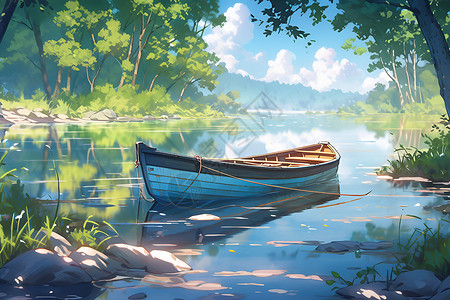森林河流中的船只背景图片