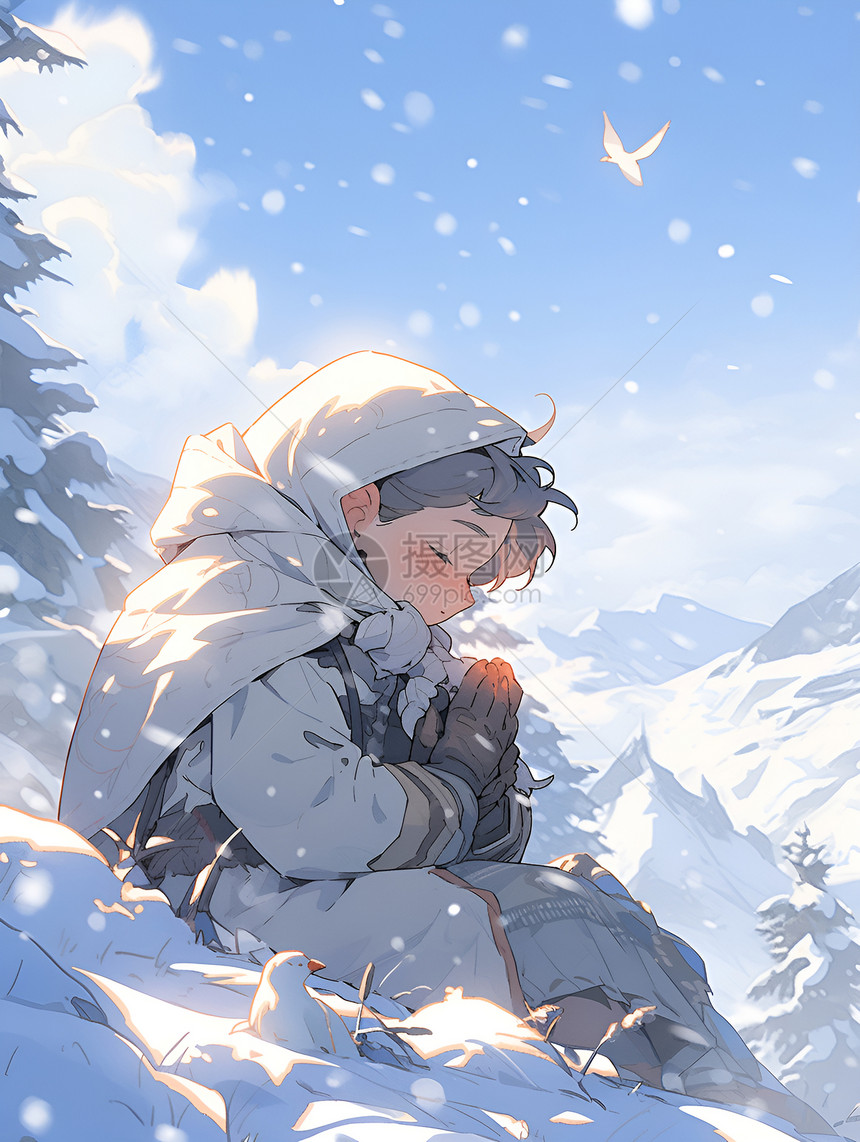 坐在雪地的男孩图片