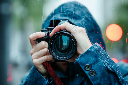 户外雨中的摄影师背景图片