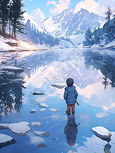 冬季雪山湖中的小男孩背景图片