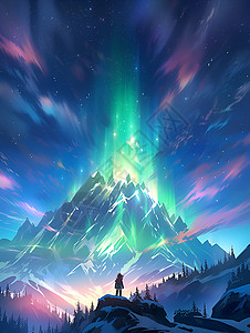 夜幕雪山中的北极光插图背景图片