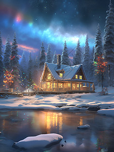 冬季白雪覆盖的山间小屋背景图片