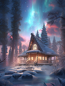 冰雪奇幻的山间小屋背景图片