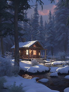 冬日的林间小屋背景图片