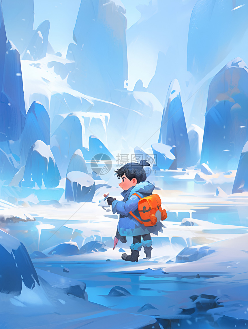 冰封山峦中探险的小男孩图片